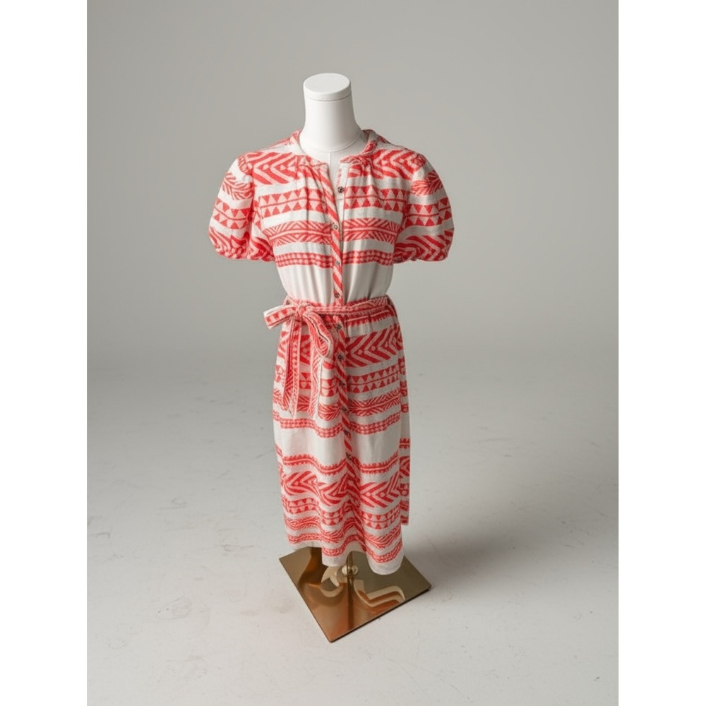 dRA Los Angeles Sera MidiDress S Orange White Aztec Geometric Puff Sleeve Belted